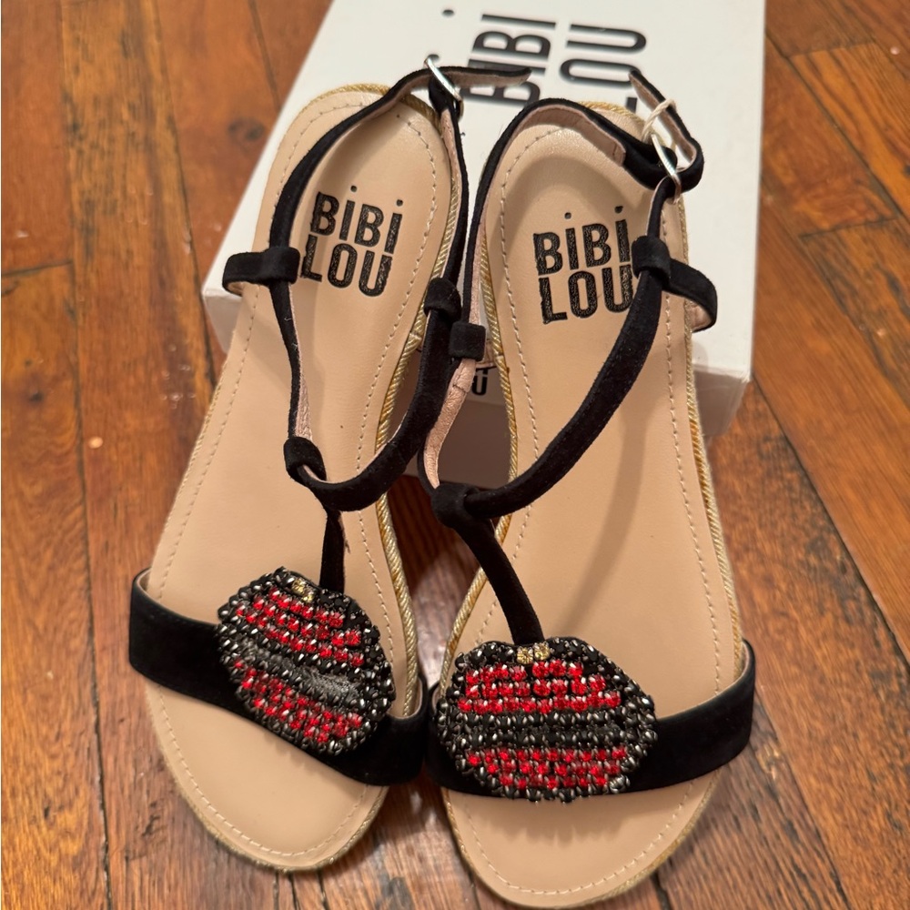 Black and Red Sandals with Beaded Embellishments